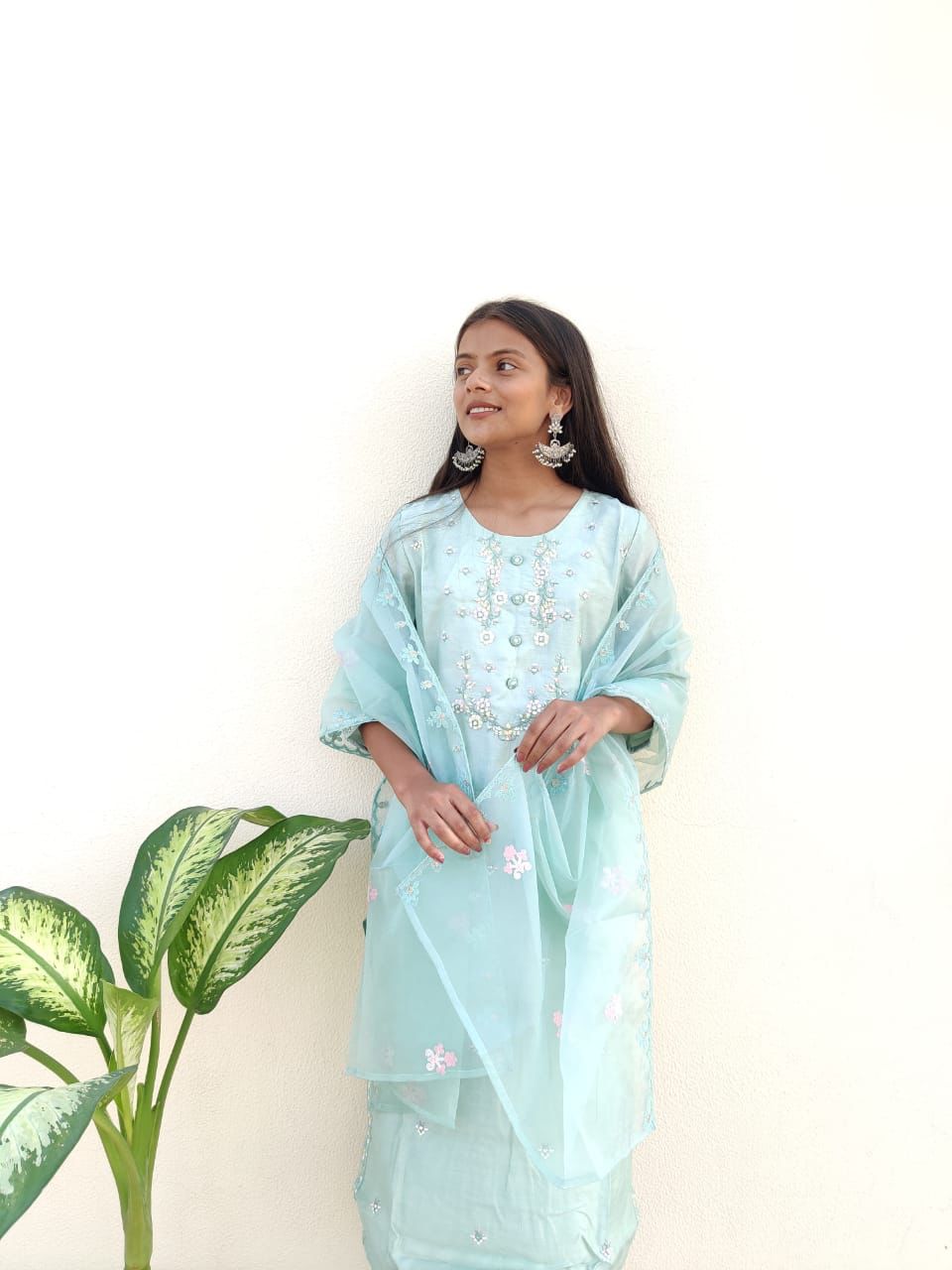 Pari Pastel Turquoise Mirror Embroidered Suit Set