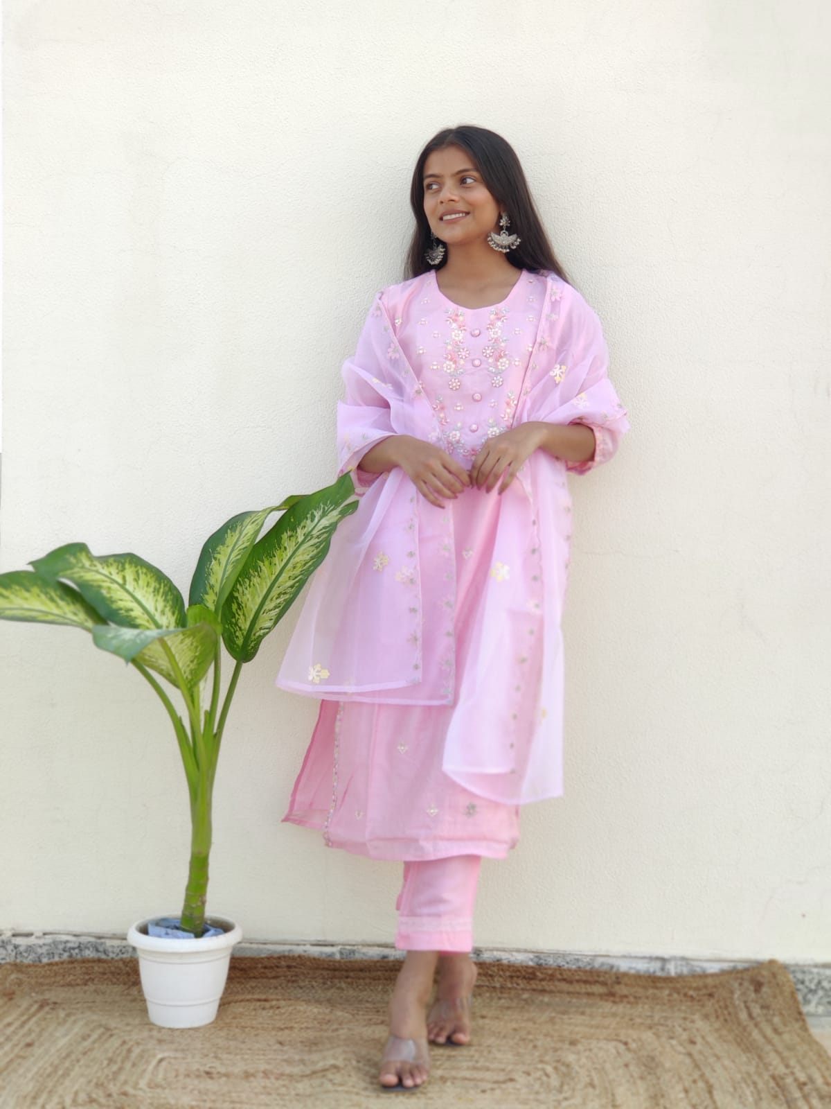 Pink Mirror Embroidered Suit Set