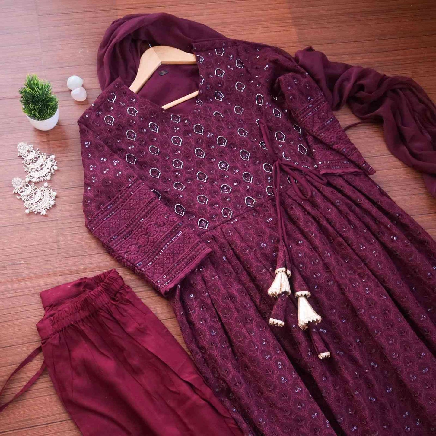Wine Sequin Nyra Cut Suit Set