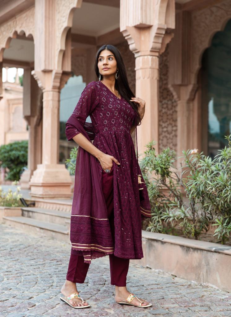 Wine Sequin Nyra Cut Suit Set