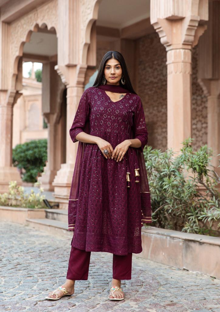 Wine Sequin Nyra Cut Suit Set