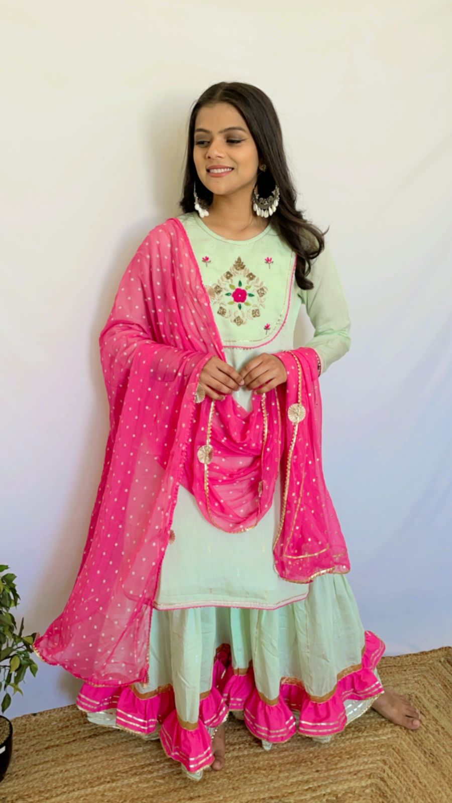 Green & Fuscia Pink Handwork Sharara Suit