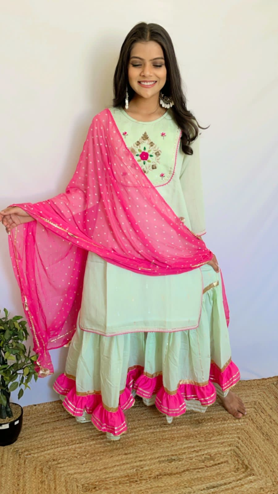 Green & Fuscia Pink Handwork Sharara Suit