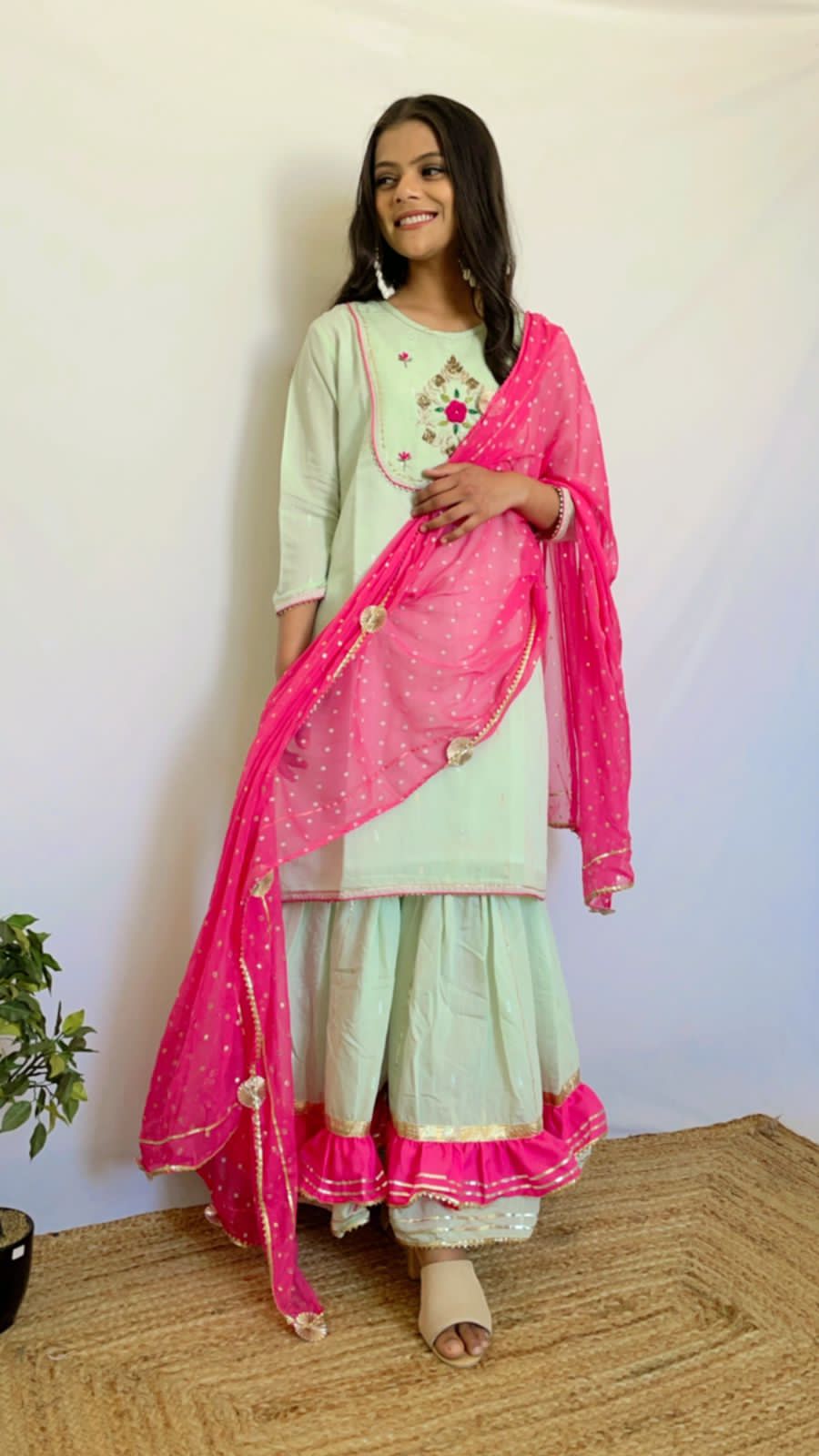 Green & Fuscia Pink Handwork Sharara Suit