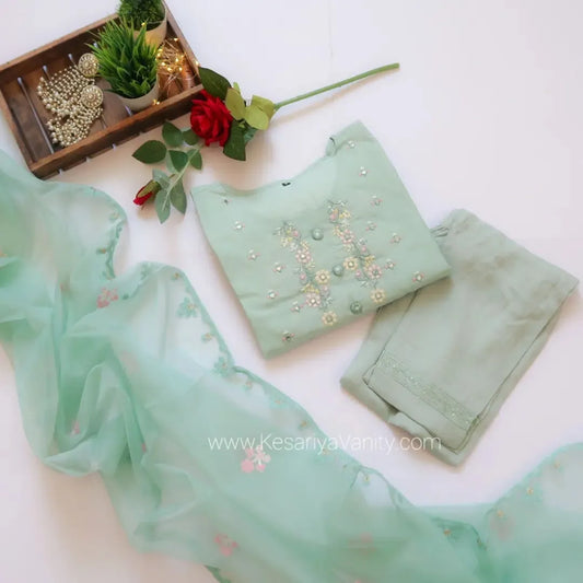 Pari Pastel Turquoise Mirror Embroidered Suit Set