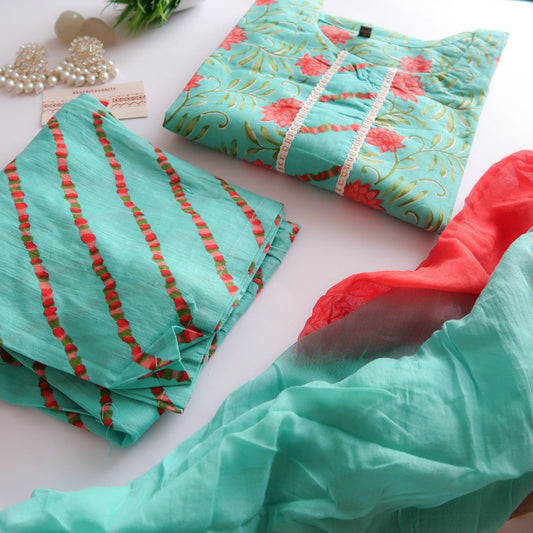Turquoise Red Cotton Suit